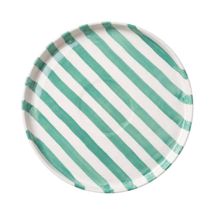 Top view of the Capri Stripes plate showing the hand-painted diagonal stripe pattern and glossy ceramic finish.