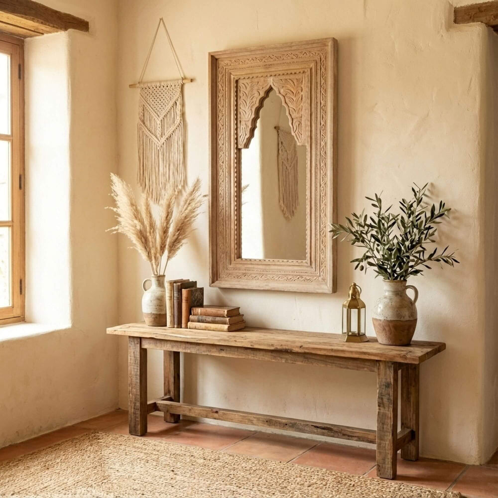 Styled interior view of Carved Mirror White Briss Collection hanging above a wooden console in a warm, natural setting.