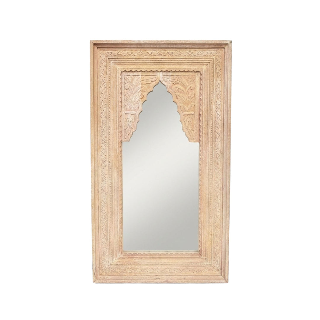 Front view of Carved Mirror White Briss Collection with ornate hand-carved sheesham wood frame in light tones.