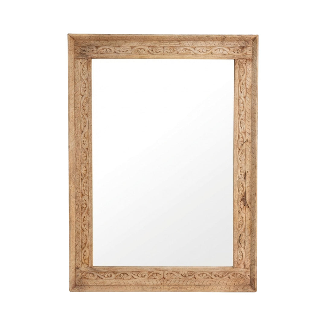 Front view of the White Briss carved mirror showcasing its rectangular hand-carved sheesham wood frame.