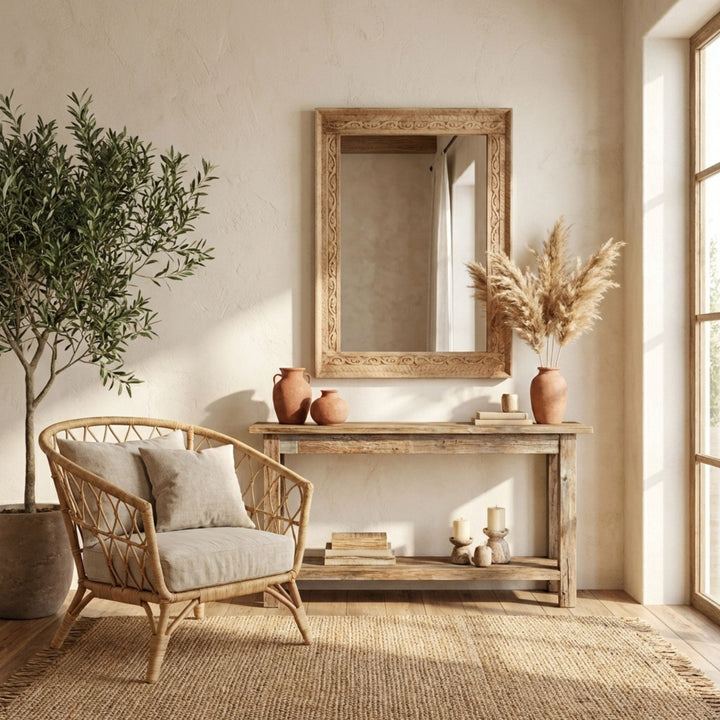 Styled interior setting featuring the White Briss mirror above a console table in a warm, natural space.