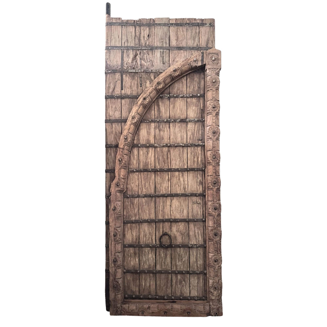 Front view of the left section of the Castle Door showing sheesham wood panels, carved framing, and metal details