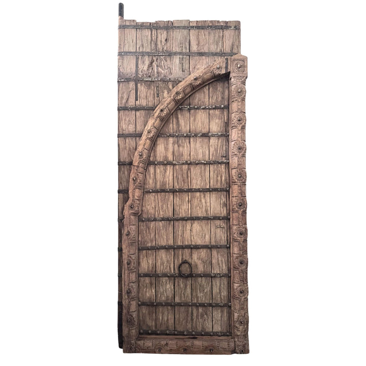 Front view of the left section of the Castle Door showing sheesham wood panels, carved framing, and metal details
