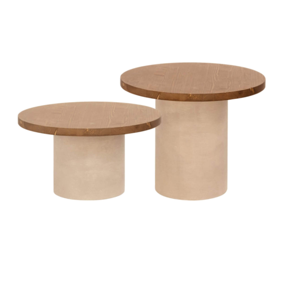 Set of Cementique round coffee tables in natural beige, two heights for layered styling