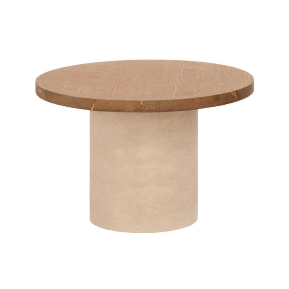 Microcement round coffee table with cylindrical base and solid wood top, minimalist design