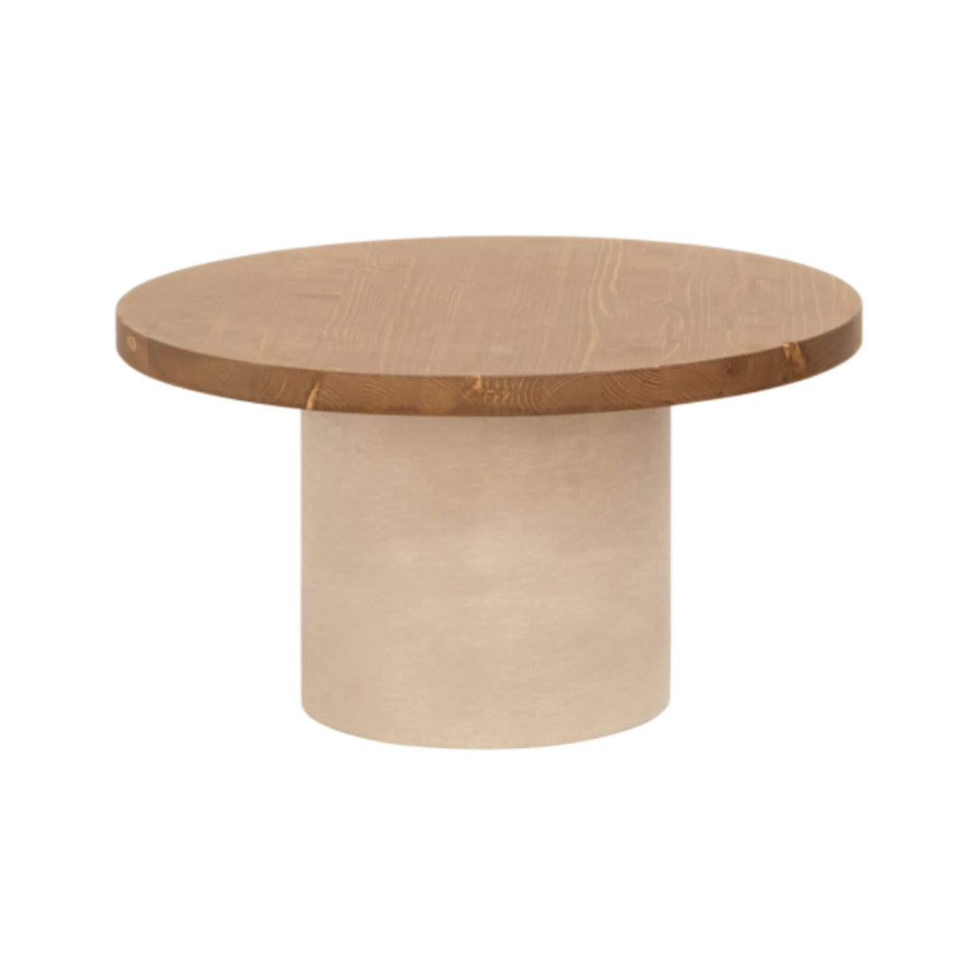Cementique round coffee table in microcement beige with natural wood top, front view