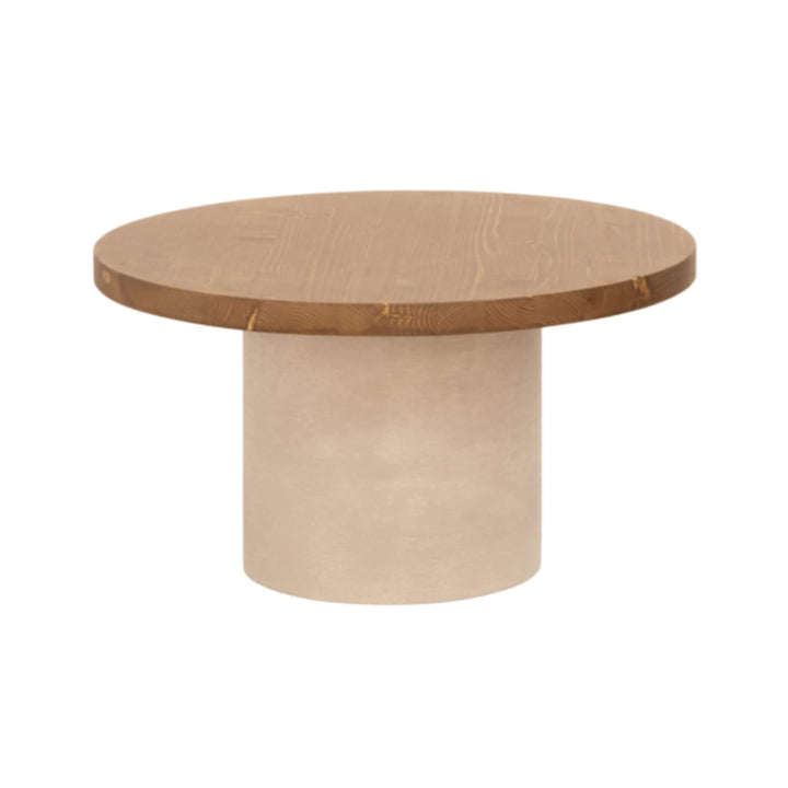 Cementique round coffee table in microcement beige with natural wood top, front view