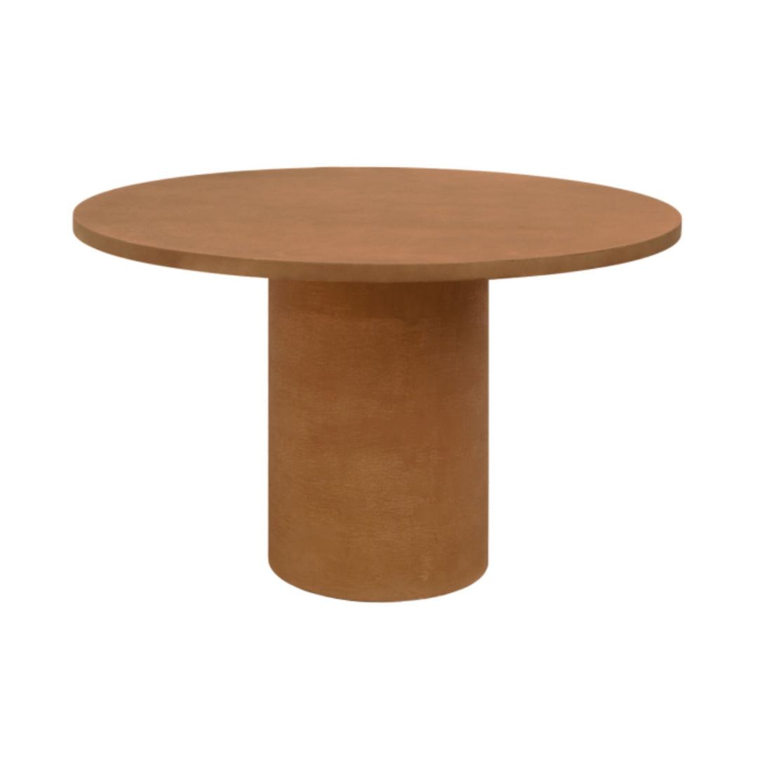 Terracotta round microcement dining table with cylindrical base