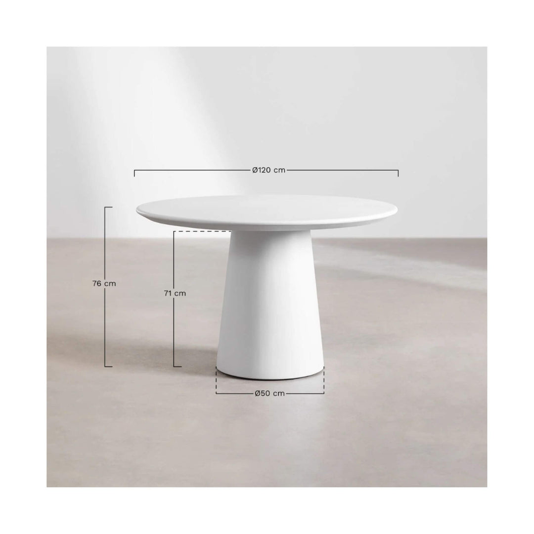 White round cement outdoor dining table with sculptural pedestal base measurements 
