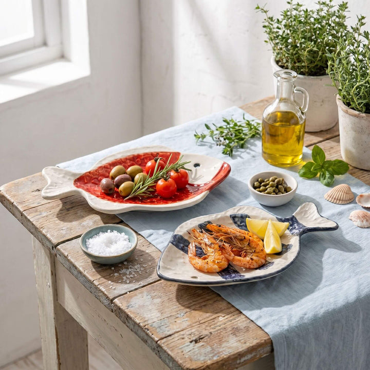 Styled table setting featuring ceramic fish platters used for serving seafood and appetizers.