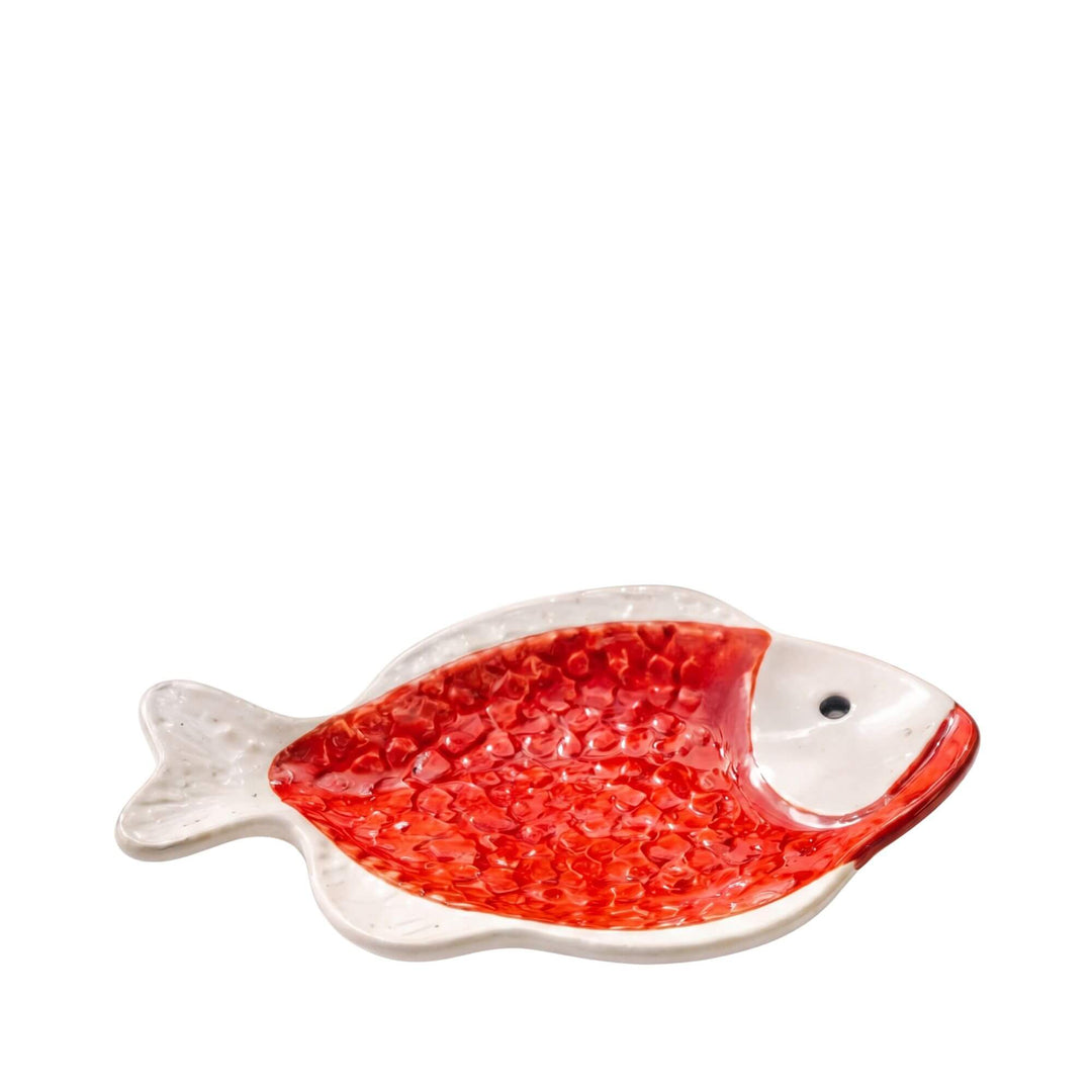 Front view of the red ceramic fish serving platter with textured glazed surface.