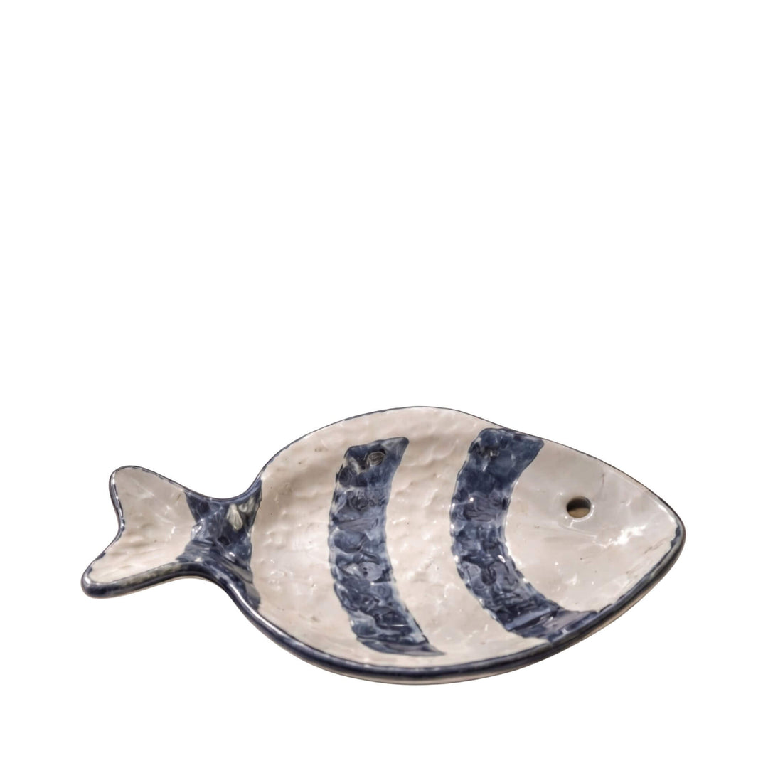 Front view of the blue striped ceramic fish platter showing its coastal-inspired design.