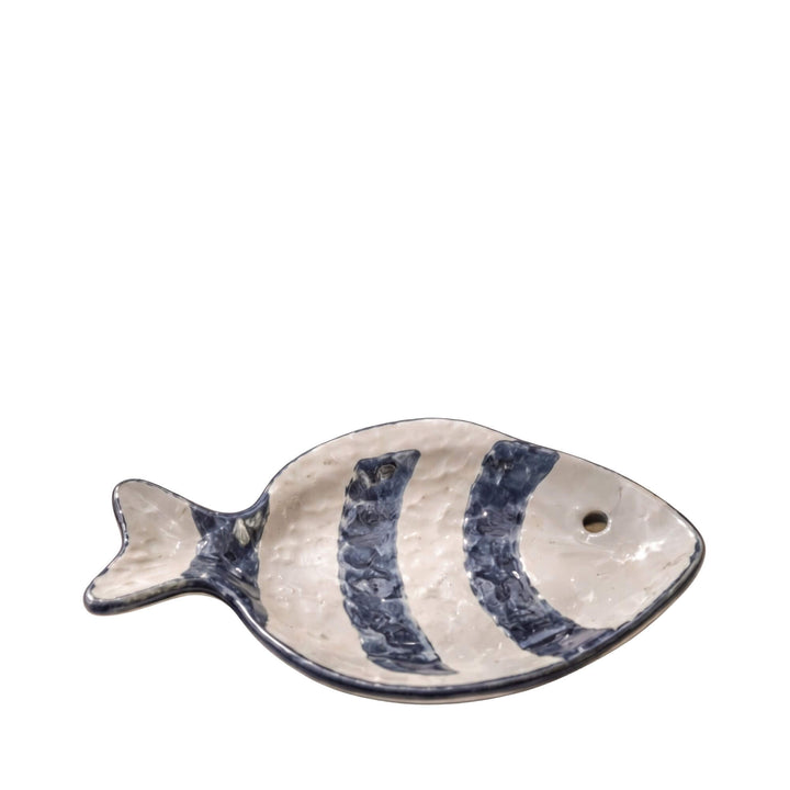 Front view of the blue striped ceramic fish platter showing its coastal-inspired design.