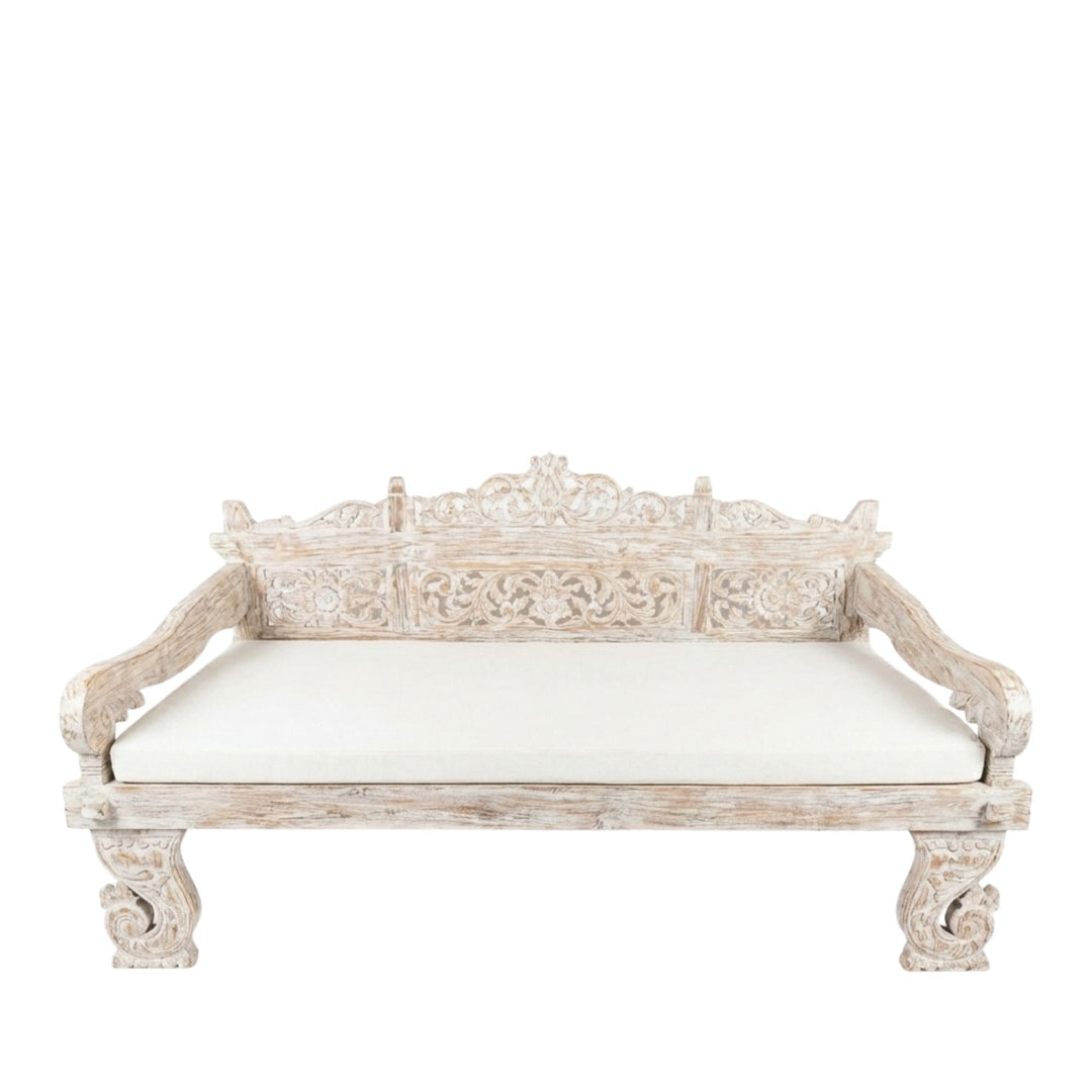 Front view of Whitewashed Ceres Carved Teak Wood Daybed highlighting its ornate carved backrest and solid teak structure.