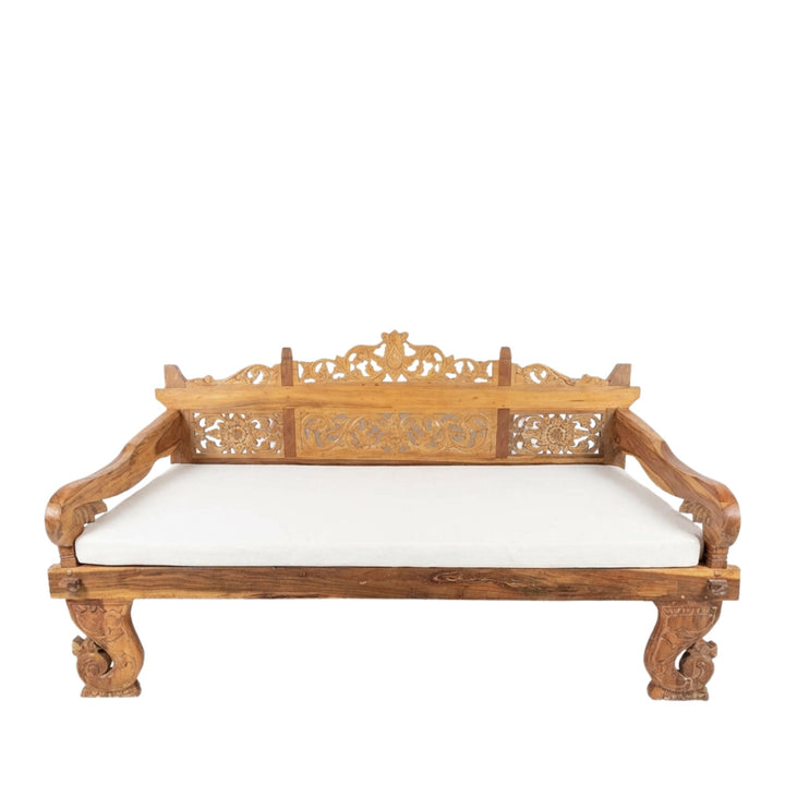 Front view of Ceres Carved Teak Wood Daybed highlighting its ornate carved backrest and solid teak structure.