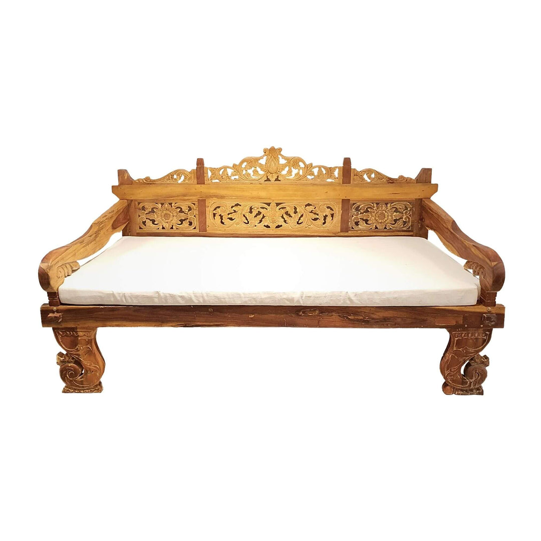 Front view of natural Ceres carved reclaimed teak wood daybed