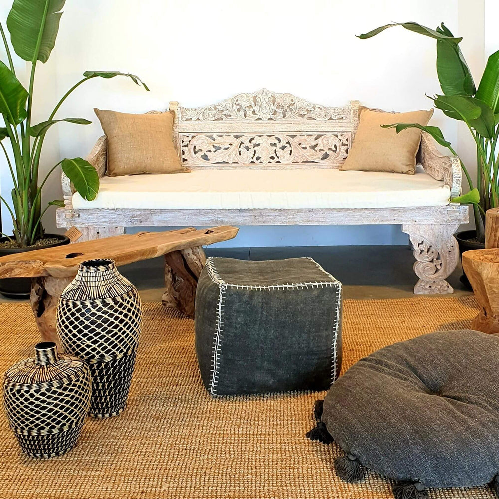 Front view of whitewash Ceres carved reclaimed teak wood daybed