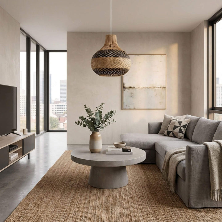 Styled interior setting featuring the Cerion ceiling lamp hanging above a living area.