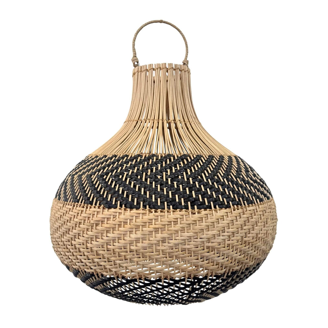 Front view of Cerion Ceiling Lamp with natural and black zigzag weave