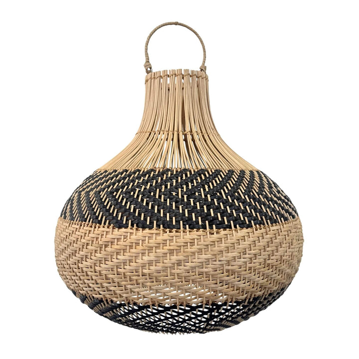 Front view of Cerion Ceiling Lamp with natural and black zigzag weave
