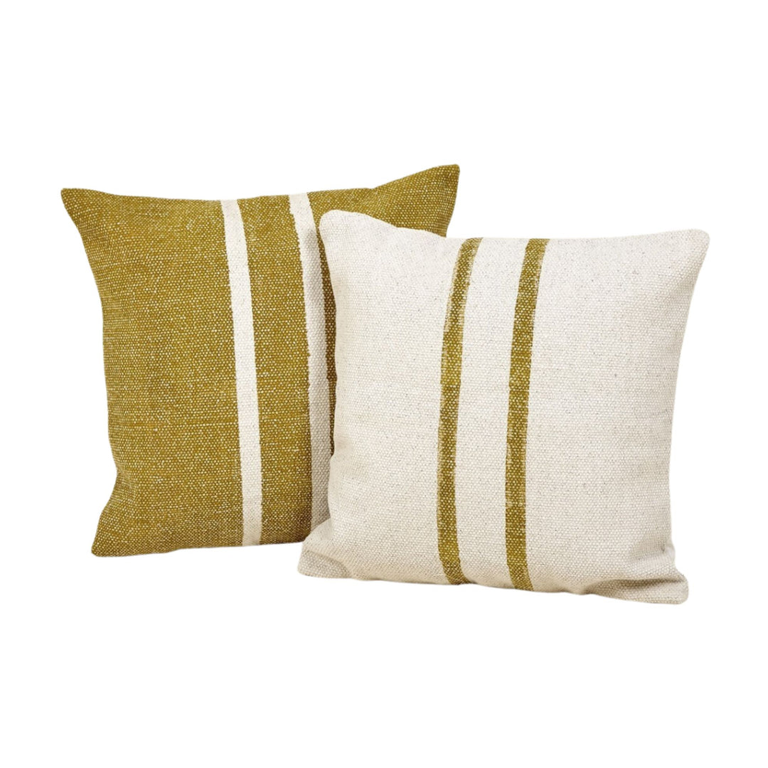 Pair of Chandni cushions in mustard and ivory displayed together. 45x45cm