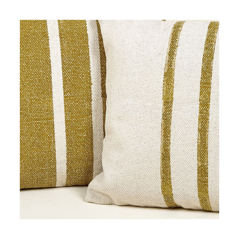 Detail of mustard and ivory striped pattern on Chandni cotton cushion. 45x45cm