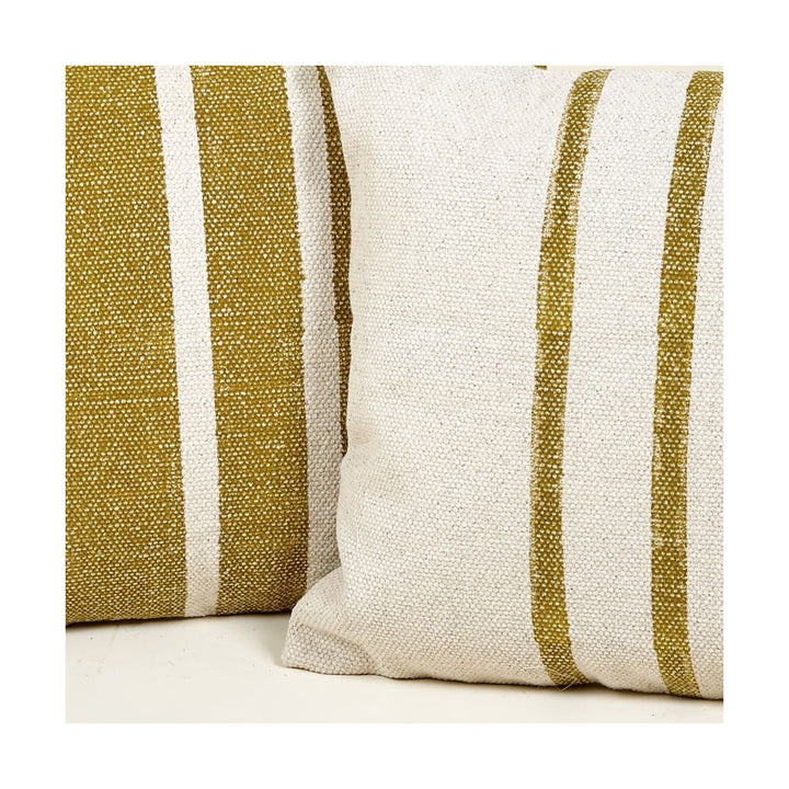 Detail of mustard and ivory striped pattern on Chandni cotton cushion. 45x45cm