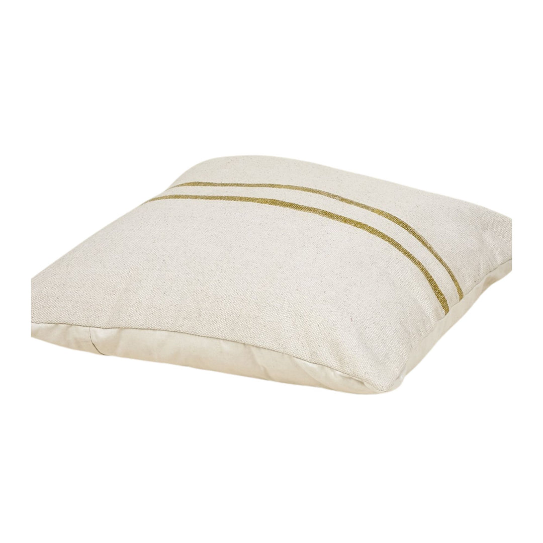 Side view of Chandni cushion ivory/mustard highlighting handwoven cotton fabric. 80x80cm