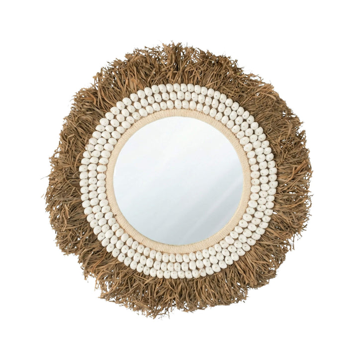 Charlotte mirror with natural wood and bead frame on a white background