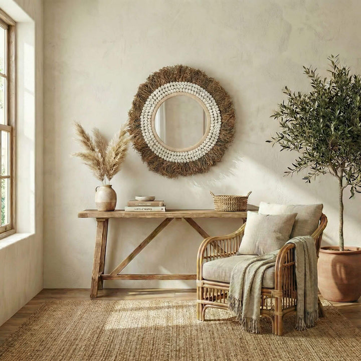 Nest living room with wooden table, wicker chair, and Charlotte mirror.