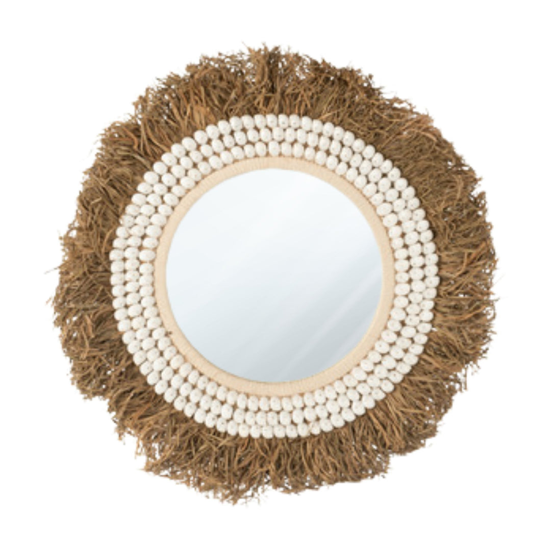 Charlotte Mirror with natural raffia frame and seashell border.
