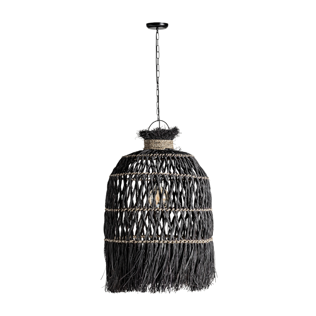 Charon ceiling lamp in black natural fibers, large handwoven pendant light.