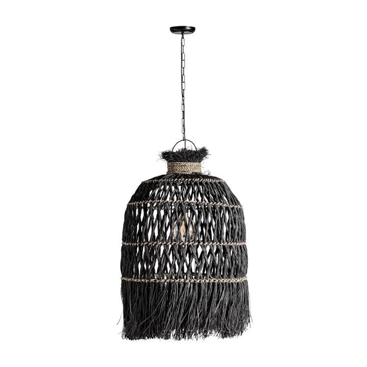 Charon ceiling lamp in black natural fibers, large handwoven pendant light.