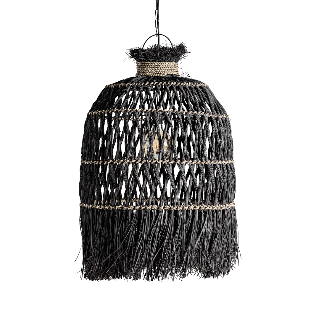 Charon rattan-style ceiling lamp in black finish.