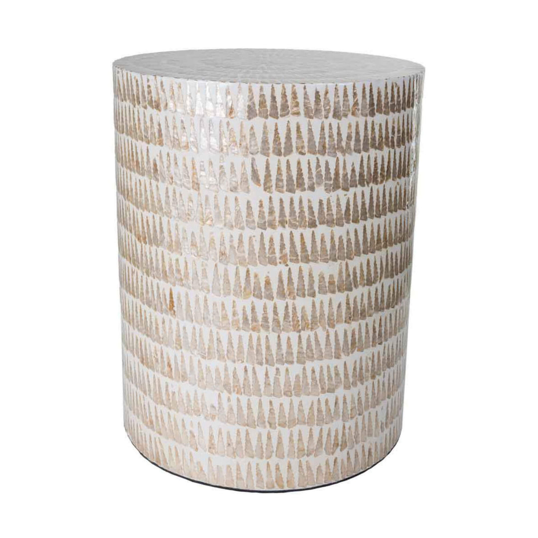 Angled view of Chenoa stool highlighting reclaimed wood base and capiz texture