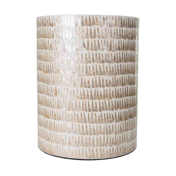 Front view of Chenoa brown capiz stool with cylindrical shape and natural finish