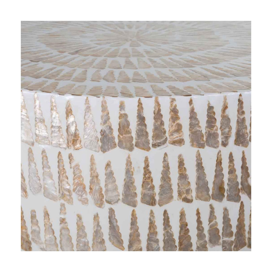 Close-up detail of Chenoa stool showing hand-applied brown capiz shell pattern