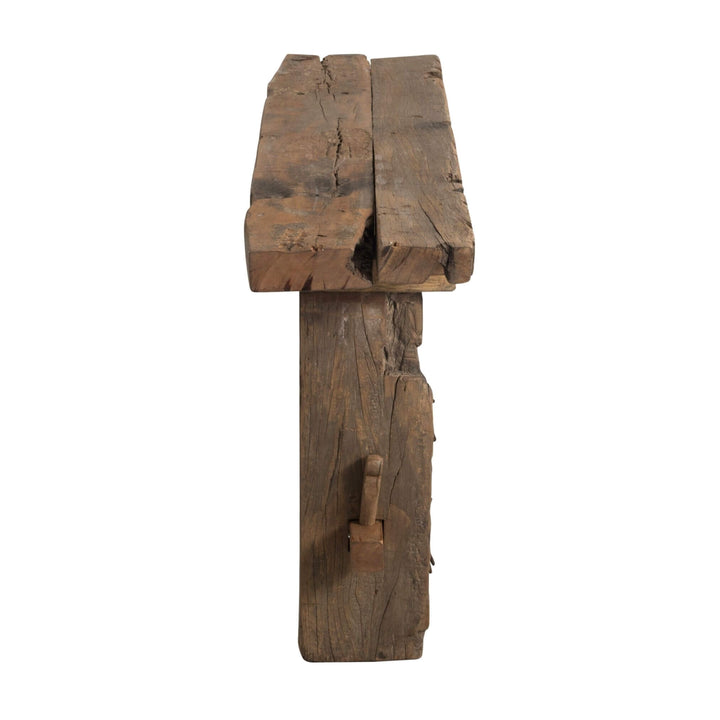 Side view of rustic reclaimed wood console table