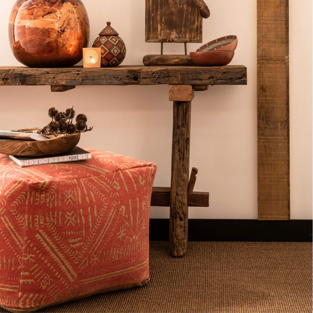 Rustic entryway setup featuring Chiang console table with decorative vases