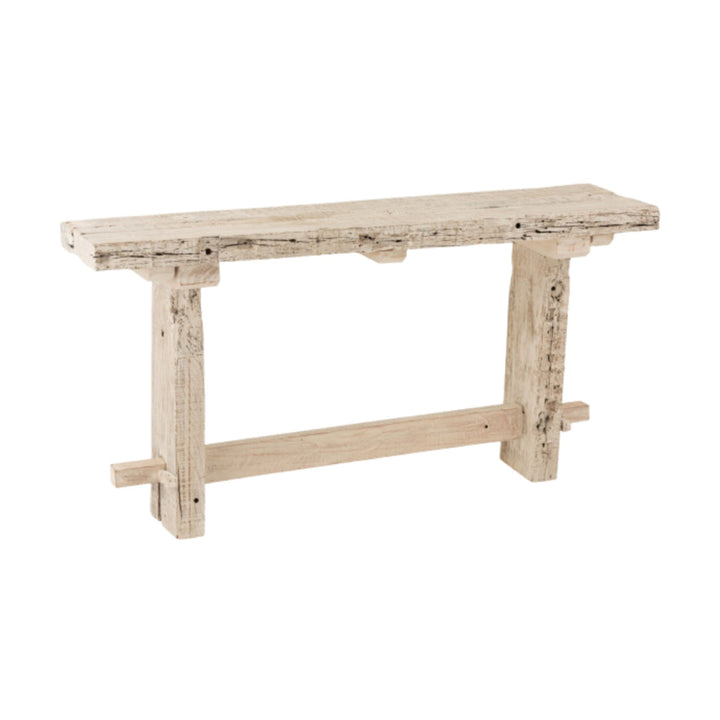 Angled view of Chiang wood console with clean lines and white wash finish