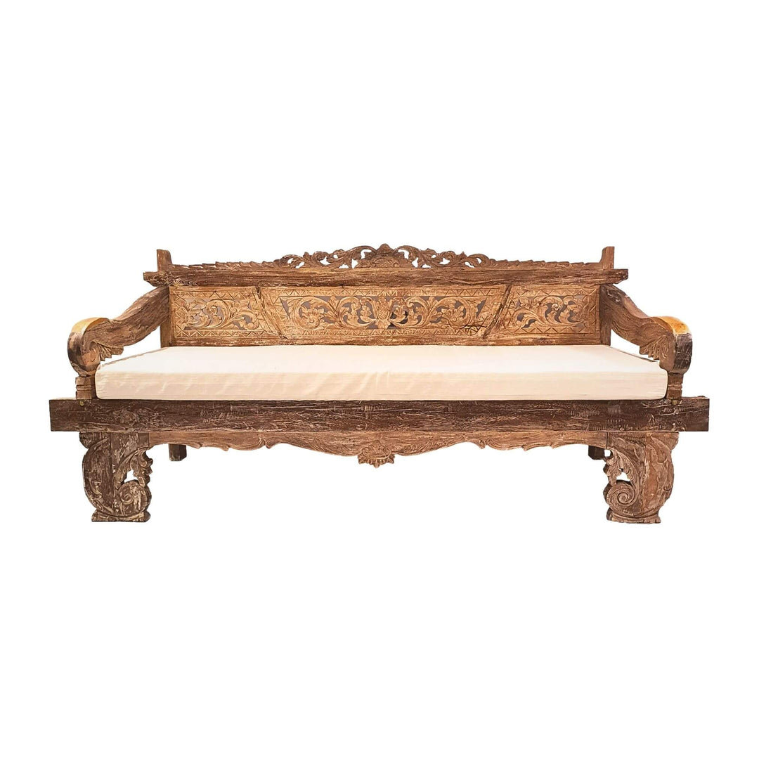 Front view of Chloe Indonesian carved teak wood daybed with ornate details