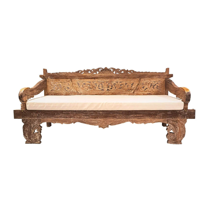 Front view of Chloe Indonesian carved teak wood daybed with ornate details