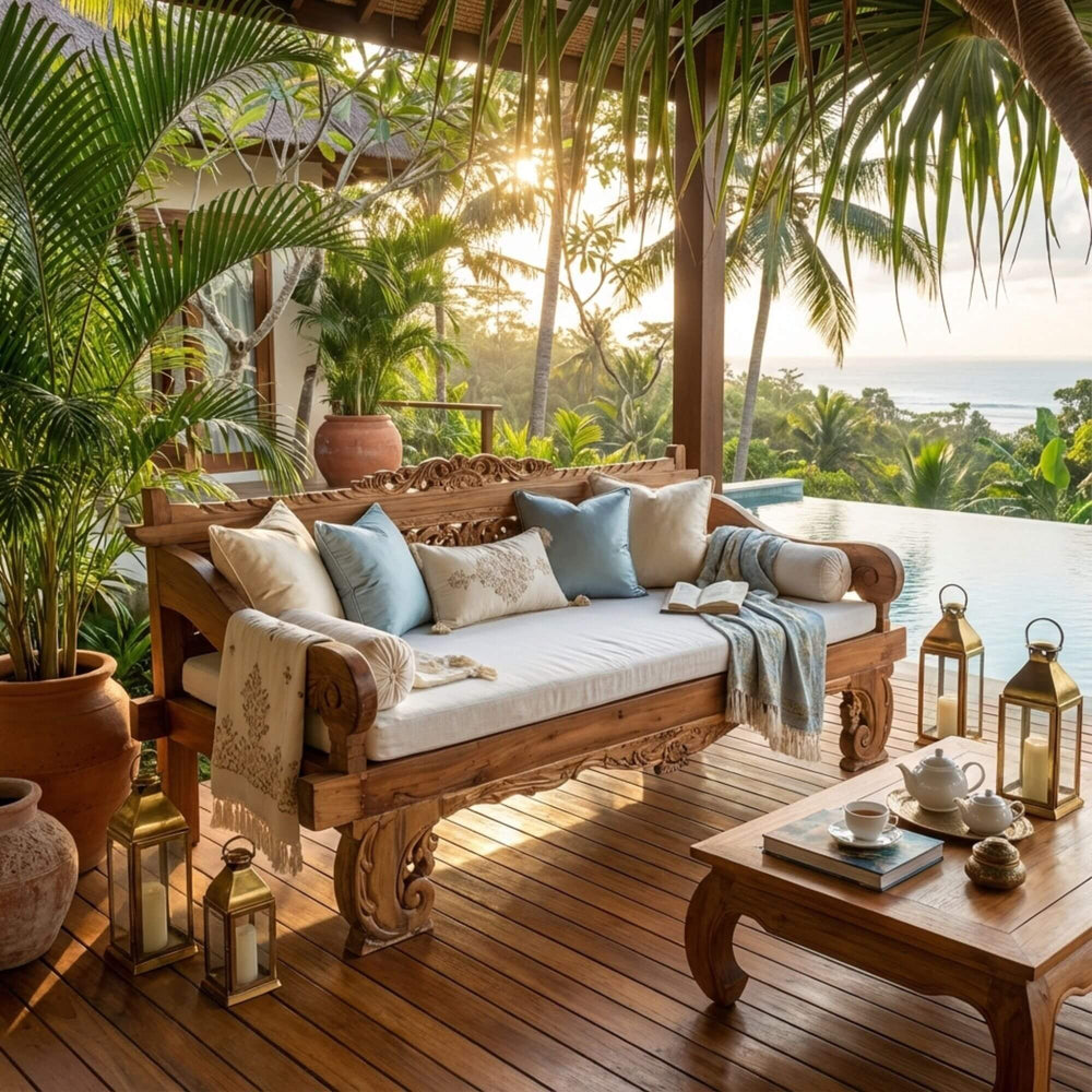Outdoor Chloe indonesian carved teak wood daybed with cushions on a wooden deck, surrounded by plants and lanterns, with a scenic background.