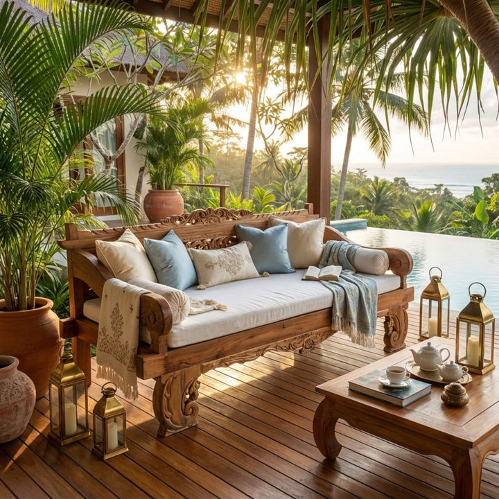 Outdoor Chloe indonesian carved teak wood daybed with cushions on a wooden deck, surrounded by plants and lanterns, with a scenic background.