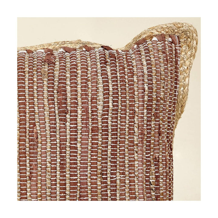 Close-up of Chocolate Yute cushion showing detailed jute and cotton woven texture. Red