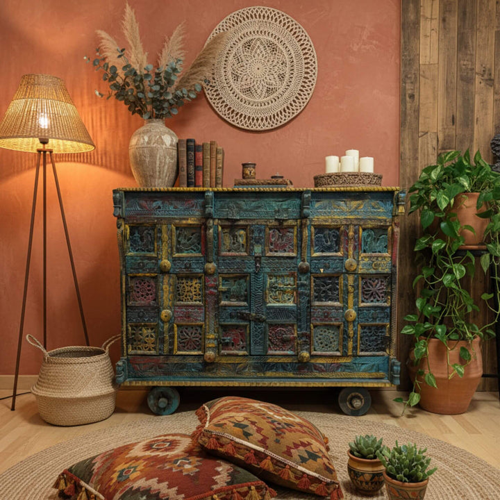 Warm living room scene showcasing the Chopta Wheels Buffet as a statement piece.