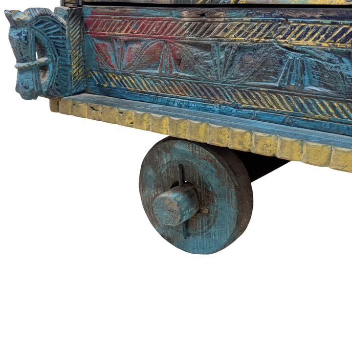 Side view highlighting the vintage wooden wheel detail.