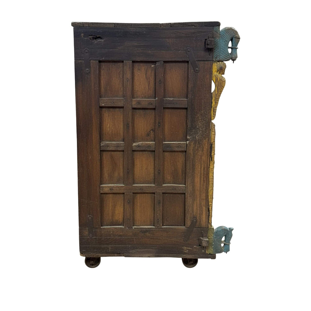 Side view of the Chopta Wheels Buffet showing solid sheesham wood construction.