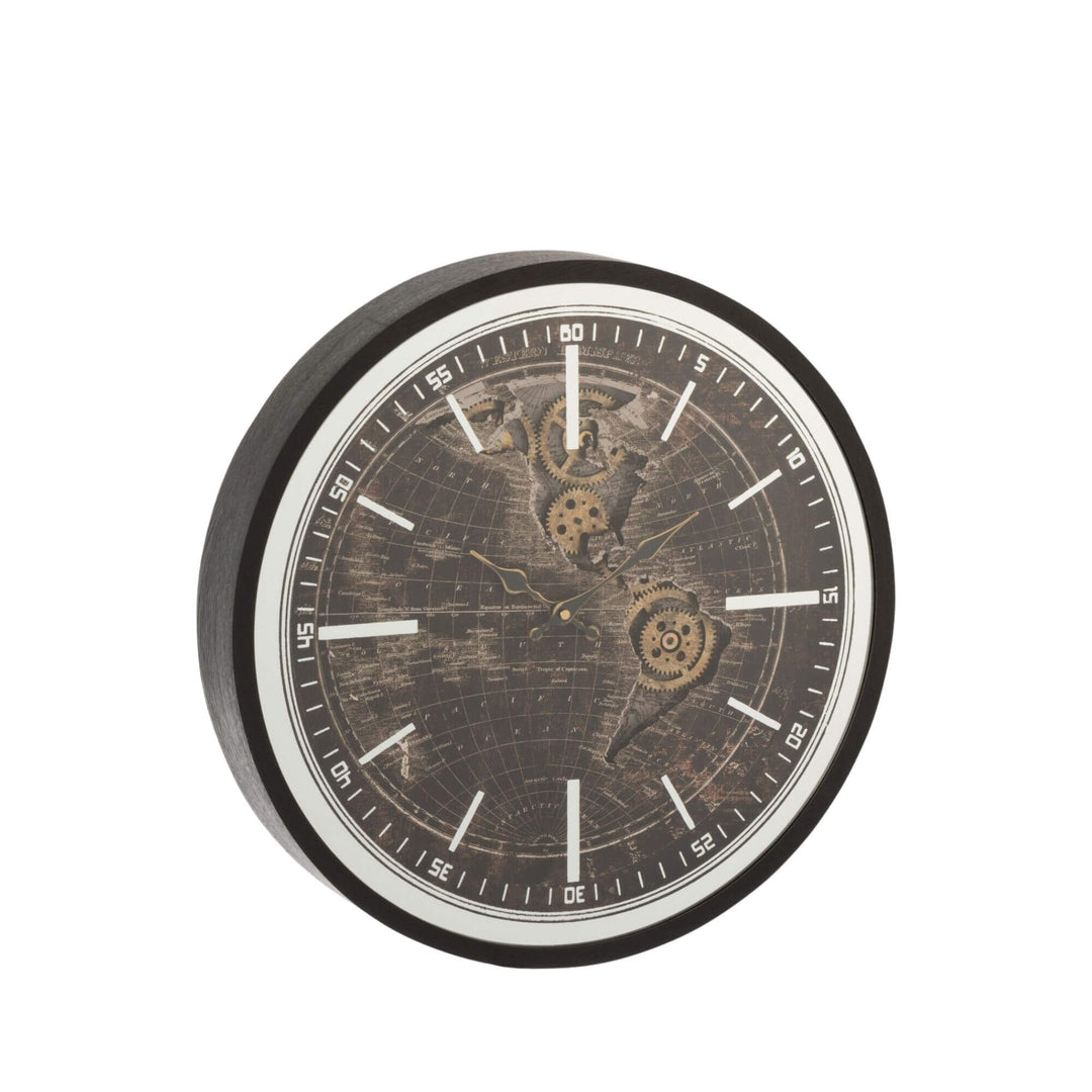 Front view of the Chronos Map wall clock showing its vintage world map dial and dark frame.