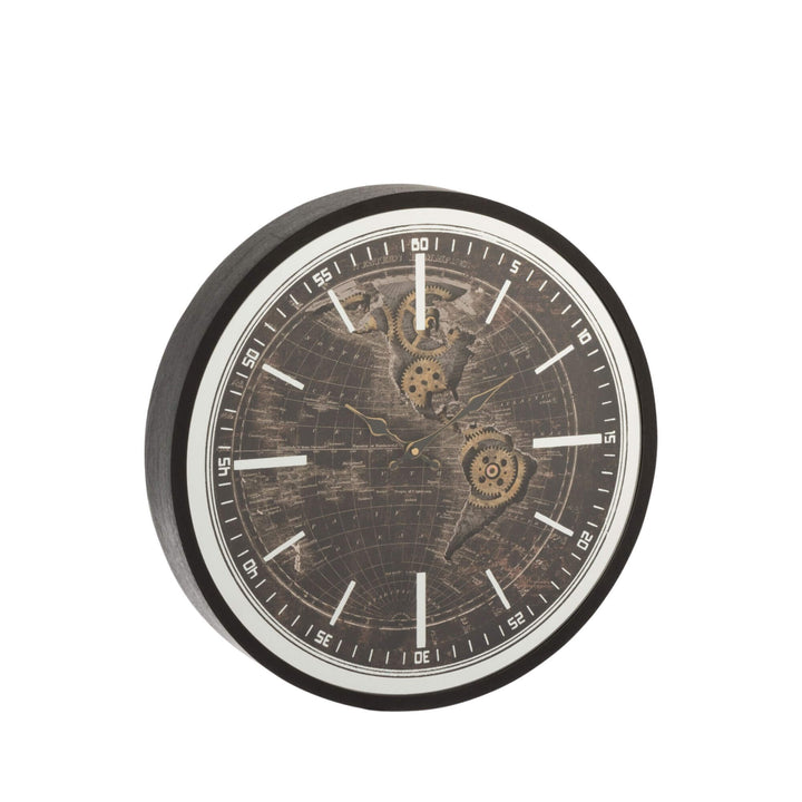 Front view of the Chronos Map wall clock showing its vintage world map dial and dark frame.